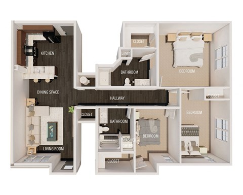 Floor plan for 3 beds, 2 baths, 1309 sqft